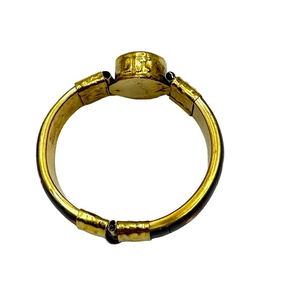 VINTAGE BONE HINGED CUFF BANGLE BRACELET BRASS ACCENTS GEMSTONE - NWOT - Picture 9 of 13